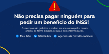 Alerta do INSS em fundo azul: "Não precisa pagar ninguém para pedir um benefício!", com ícones dos canais oficiais, prevenindo golpes de "facilitadores".