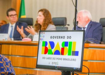 Tela de computador exibindo a logo do Governo do Brasil durante uma reunião, representando as discussões sobre políticas públicas e segurança de benefícios.