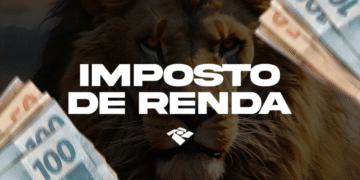 Leão ao fundo com notas de real e texto “Imposto de Renda” em destaque.