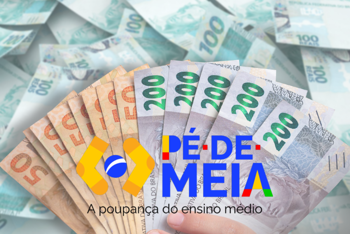 Incentivos financeiros do programa Pé-de-Meia Cédulas de reais representando os incentivos financeiros do programa Pé-de-Meia para estudantes do ensino médio.