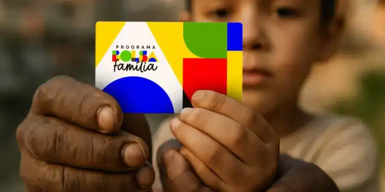 Cartão do Programa Bolsa Família segurado pelas mãos de um adulto e de uma criança desfocada ao fundo
