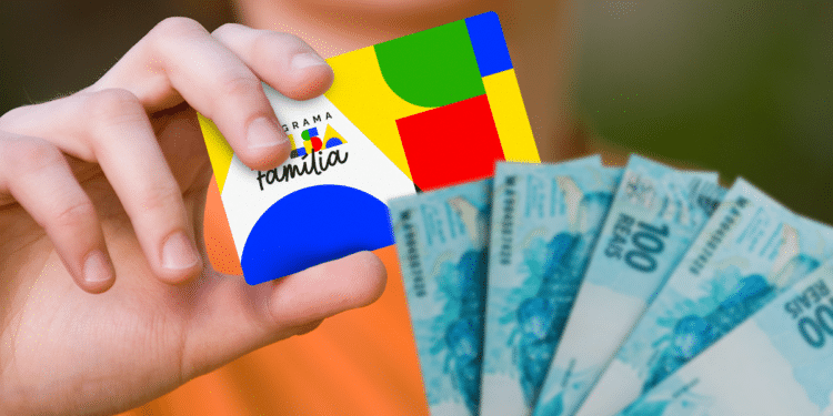 Cartão do Bolsa Família sendo segurado com cédulas de 100 reais ao fundo.