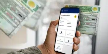 Pessoa consultando informações da CNH digital pelo aplicativo, com documento físico ao fundo.