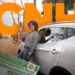 Pessoa segurando as chaves de um carro ao lado de um veículo, com a CNH em destaque e o logo do Detran ao fundo.
