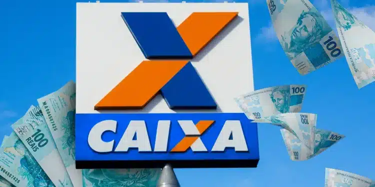 Letreiro da Caixa Econômica Federal com notas de 100 reais flutuando ao redor sob céu azul