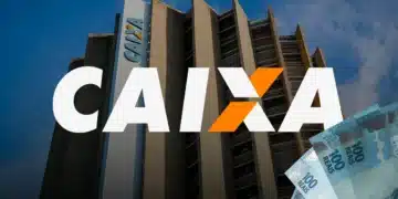 Edifício sede da Caixa Econômica Federal com logomarca em destaque e cédulas de cem reais simbolizando saque do PIS Pasep.