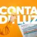 Uma mão segurando uma lâmpada acesa à frente de uma conta de luz simplificada, sobre um fundo laranja vibrante com o texto "CONTA DE LUZ".