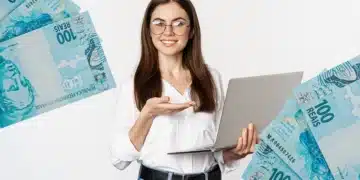 Jovem mulher sorridente com óculos segurando notebook e notas de 100 reais ao fundo branco