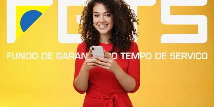 Jovem sorridente usando vestido vermelho segurando celular com fundo amarelo e logo FGTS ao fundo