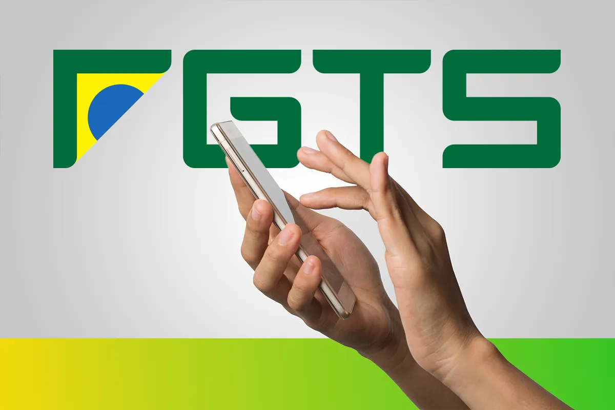 Consulta simplificada do saldo do FGTS pelo celular Mãos segurando e usando celular com fundo da logo do FGTS e bandeira do Brasil