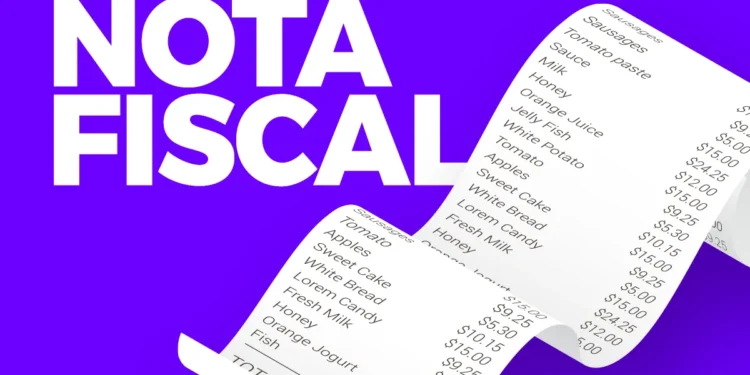 Composição visual de uma nota fiscal impressa destacada ao lado do texto Nota Fiscal em fundo roxo.