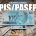 Montagem com várias cédulas de 100 reais dispostas em círculo com o texto centralizado "ABONO SALARIAL PIS/PASEP" em letras brancas.