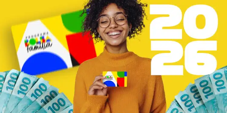 Imagem promocional do Bolsa Família 2026 com cartão do programa, dinheiro em notas de R$ 100 e uma mulher sorrindo com o cartão em mãos, fundo amarelo.