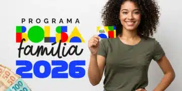 Mulher sorrindo com cartão do Bolsa Família 2026 em frente a gráfica colorida e notas de real.