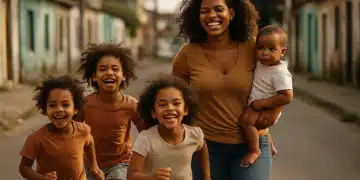 Família se divertindo junta ao ar livre em uma rua de bairro.