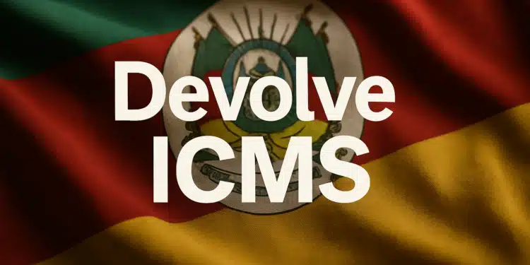 Bandeira do Rio Grande do Sul com o texto 'Devolve ICMS' ao centro.