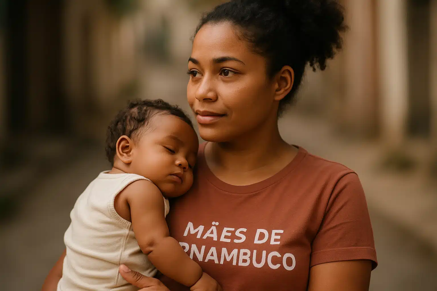 Mãe com camiseta "Mães de Pernambuco" segura bebê dormindo no colo durante o dia.