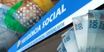 Logo do INSS com cédulas de 100 reais e imagem do edifício sede do INSS.