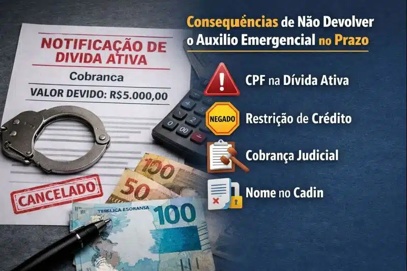 Consequências de Não Devolver o Auxílio Emergencial no Prazo. Notificação de Dívida Ativa com o valor devido de R$5.000,00, acompanhado de ícones que indicam as consequências de não devolver o Auxílio Emergencial no prazo.