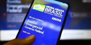 Tela de smartphone exibindo o site do Auxílio Emergencial do Governo Federal da Caixa Econômica Federal.