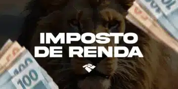 Montagem com a face de um leão em primeiro plano, simbolizando a Receita Federal, com as palavras "IMPOSTO DE RENDA" em branco ao centro. Nas laterais, mãos seguram maços de notas de 100 e 50 reais que parecem flutuar.