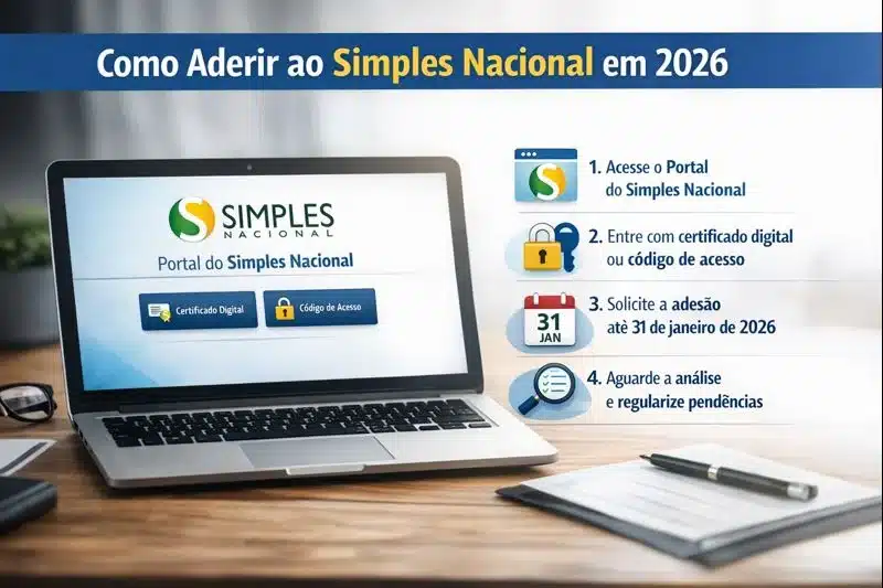 Como Aderir ao Simples Nacional em 2026 - Passo a Passo. Passo a passo para aderir ao Simples Nacional em 2026, com instruções claras e visual do portal.