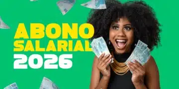 Mulher segurando notas de dinheiro representando o pagamento do abono salarial 2026 para trabalhadores brasileiros