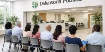 Grupo de pessoas sentadas em fila esperando atendimento em frente à Defensoria Pública.