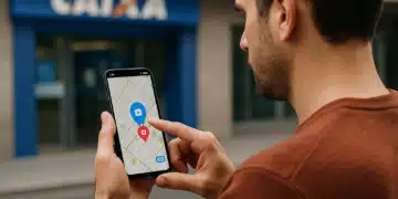 Homem utilizando smartphone com mapa digital em frente à agência da Caixa Econômica Federal