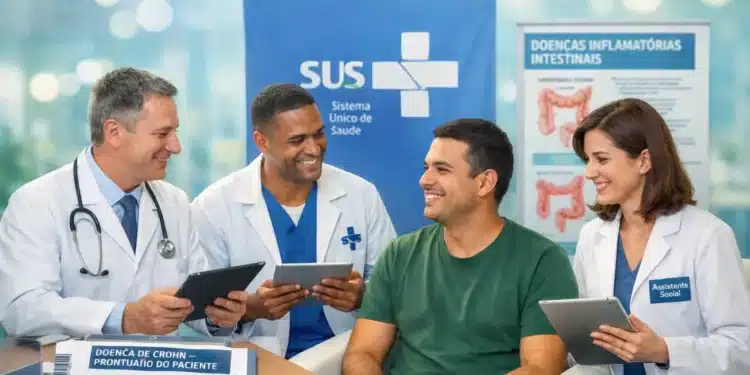 Médicos e paciente sorrindo em consulta com prontuário de doença de Crohn sobre a mesa.