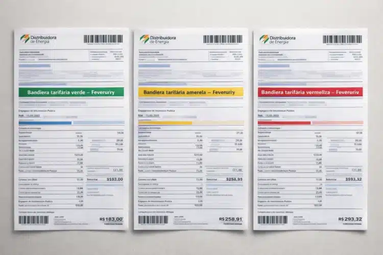 Contas de energia com diferentes bandeiras tarifárias em 2026. Três contas de luz lado a lado destacam bandeiras tarifárias verde, amarela e vermelha no topo.