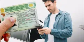 Pessoa segura CNH enquanto homem de camisa jeans consulta celular perto de carro.