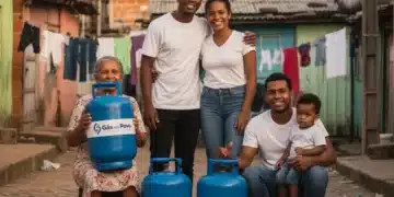 Família beneficiária do Gás do Povo com botijões de gás após liberação do vale-recarga pela Caixa