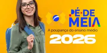 Estudante com mochila ao lado da identidade visual do Pé-de-Meia 2026, representando a divulgação do calendário oficial pelo MEC.