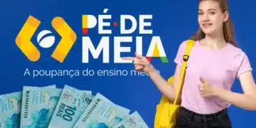 Jovem com mochila amarela faz sinal positivo ao lado de notas de R$ 100 e logo do Pé de Meia