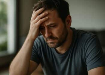 Homem preocupado com a mão na testa representando dívidas com bancos