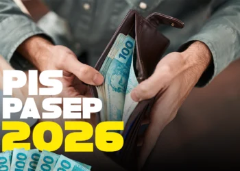omem segurando carteira aberta com notas de R$ 100 ao lado de pilha de dinheiro e texto “PIS PASEP 2026”