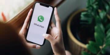 Pessoa segurando celular com aplicativo WhatsApp aberto, recebendo mensagem