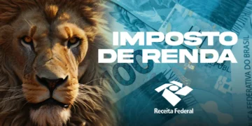 Leão com juba dourada sobre notas de cem reais brasileiras, texto “Imposto de Renda” e logotipo da Receita Federal.