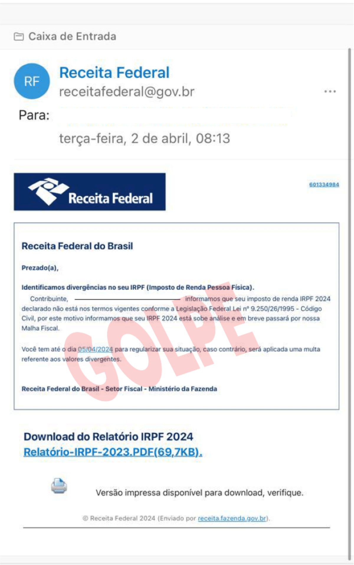 Print de email falso da Receita Federal com selo de golpe em vermelho