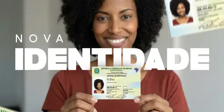 Uma mulher negra sorridente, com cabelos cacheados, segurando com as duas mãos o novo cartão da Carteira de Identidade Nacional (CIN). Ao fundo, há elementos gráficos do documento e o texto "NOVA IDENTIDADE" em destaque.