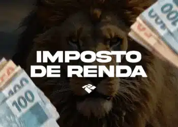 Leão com juba marrom ao fundo de notas de R$ 100, texto "Imposto de Renda" e logotipo da Receita Federal.