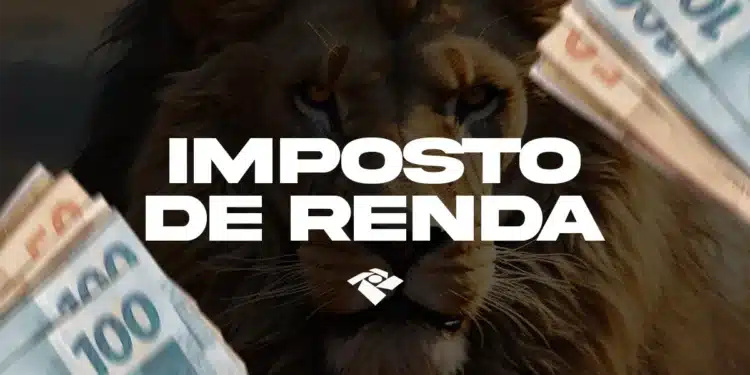 Leão com juba marrom ao fundo de notas de R$ 100, texto "Imposto de Renda" e logotipo da Receita Federal.
