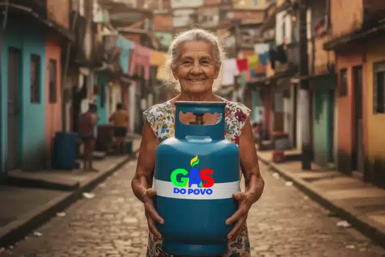 Mulher idosa de cabelos grisalhos segura botijão azul com logotipo Gás do Povo em rua de casas coloridas.
