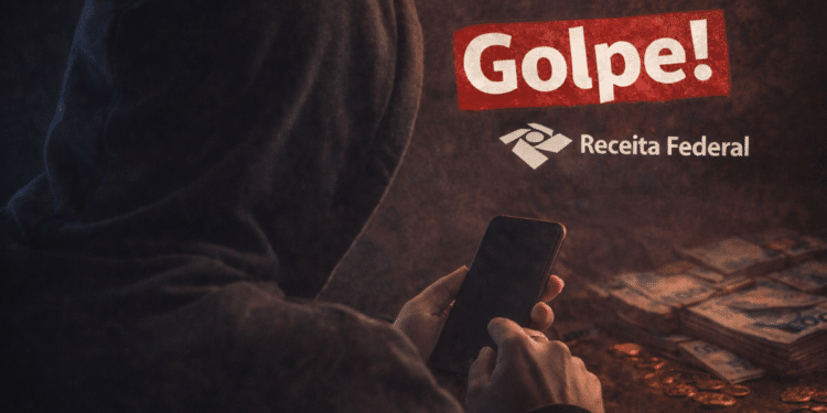 Figura encapuzada usando celular com alerta de golpe e logo da Receita Federal