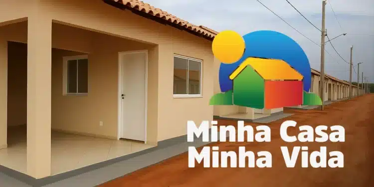 Conjunto habitacional Minha Casa Minha Vida com casas bege, telhado colonial e logo do programa.