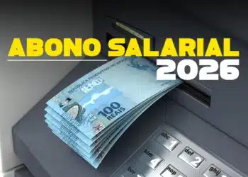 Cédulas de R$ 100 saindo de caixa eletrônico com texto Abono Salarial 2026 representando as novas regras do benefício