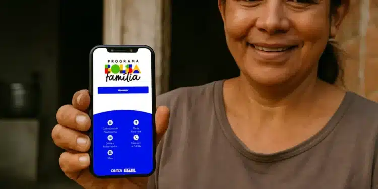 Mulher mostrando celular com aplicativo do Bolsa Família aberto