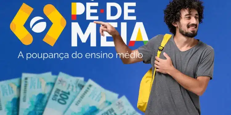 Jovem estudante com mochila amarela apontando para logo do programa Pé-de-Meia com notas de R$ 100 ao fundo