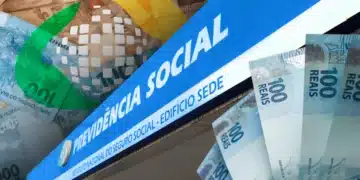 Fachada do Instituto Nacional do Seguro Social ao lado de notas de R$ 100, ilustrando o ressarcimento de R$ 3 bilhões a 4,5 milhões de aposentados